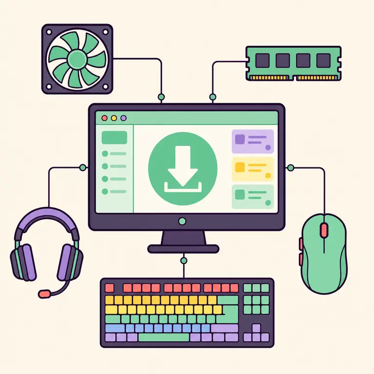 Editorial illustration of an iCUE download connecting RGB PC devices