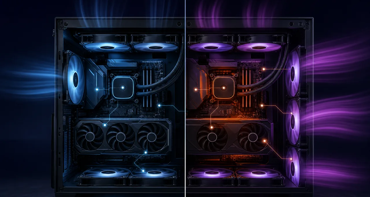 Editorial comparison of quiet and high-load PC airflow states